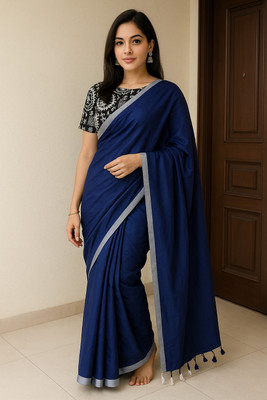 SMRITI BOUTIQUE Printed Bollywood Handloom Pure Cotton Saree(Blue, White, Black)