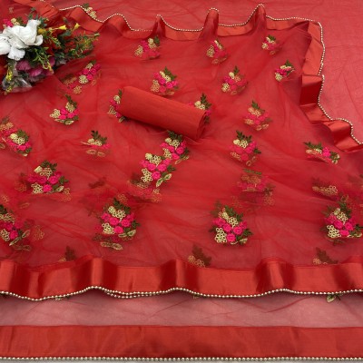 vallavi fashion Embroidered Banarasi Net Saree(Red)