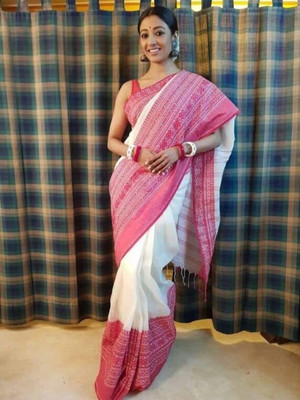 Soma Tant saree Mahal Self Design, Woven, Geometric Print Handloom Cotton Silk Saree(White)