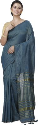 DipDiya Striped, Self Design Handloom Cotton Blend Saree(Dark Green)