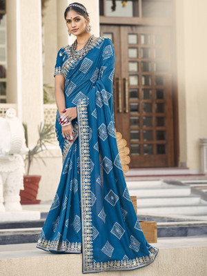 Divastri Embellished Bandhani Silk Blend Saree(Blue)
