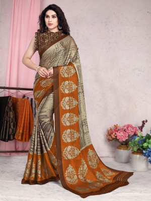 MIRCHI FASHION Printed, Blocked Printed Daily Wear Chiffon, Georgette Saree(Orange, Beige)