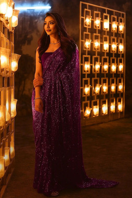 MADHUR HAND WORK ART Embellished Bollywood Georgette Saree(Purple)