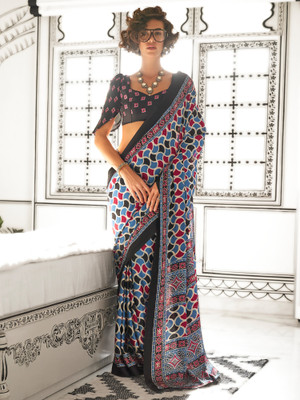 Sareemall Printed Hand Batik Crepe Saree(Blue)