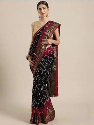 Shivaarya Self Design Bandhani Art Silk Saree(Black, Red)