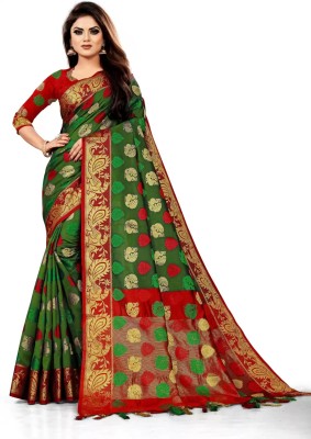 PACHIMAA Floral Print, Temple Border Banarasi Cotton Silk, Jacquard Saree(Multicolor, Red)