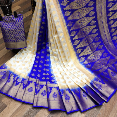 Lord Martin Woven Kanjivaram Art Silk Saree(White, Blue)