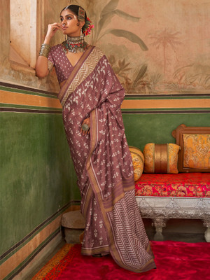 Sareemall Printed Pochampally Silk Blend Saree(Brown)