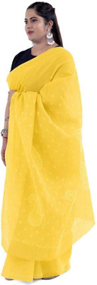 Manal Kreations Embroidered Lucknow Chikankari Cotton Blend Saree(Yellow)