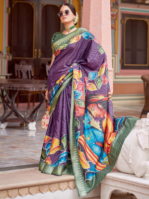 Sareemall Printed Chinnalapattu Silk Blend Saree(Purple)