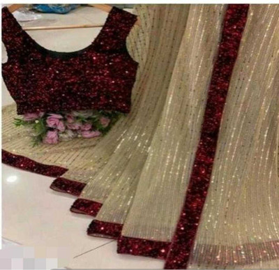 Z HUB Embellished Assam Silk Net Saree(Multicolor)