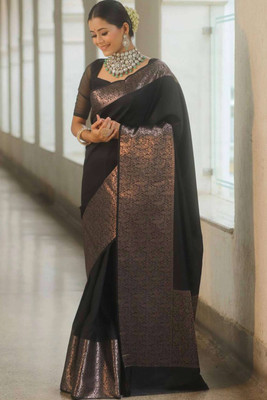 Peachmode Woven Banarasi Silk Blend Saree(Black)