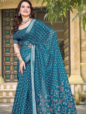 ANOUK Printed Daily Wear Linen Saree(Blue)