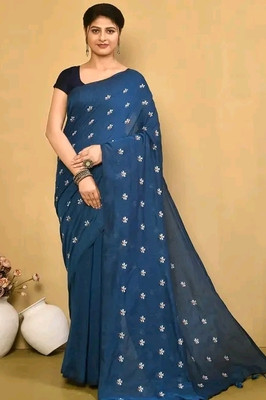 Apu handloom Embroidered Handloom Cotton Blend Saree(Dark Blue)