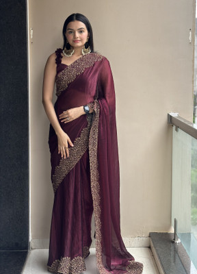 VIBHAGYAA Embroidered Bollywood Georgette Saree(Maroon)