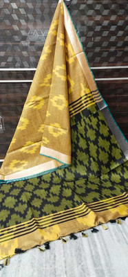 govind handloom Printed Bollywood Cotton Linen Saree(Green, Gold)
