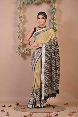 havya creation Printed Banarasi Linen Saree(Yellow)