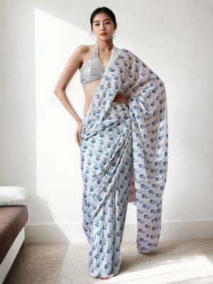 Divastri Printed Bollywood Silk Blend Saree(Pack of 2, White, Blue)