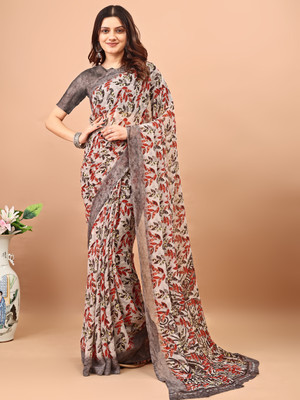 VIBHAGYAA Printed Daily Wear Chiffon Saree(Brown)