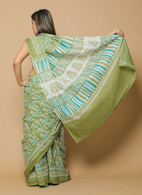 Sanganeri Print Blocked Printed, Color Block, Dyed, Floral Print, Printed Daily Wear Pure Cotton Saree(Light Green)