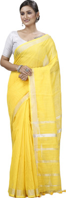 DipDiya Solid/Plain Handloom Cotton Blend Saree(Yellow)