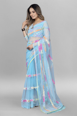 A To Z Cart Self Design Bollywood Net Saree(Light Blue)