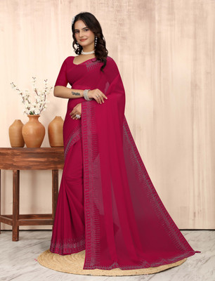 DHRAM CREATION Solid/Plain, Self Design, Dyed, Embellished Bollywood Georgette Saree(Pink)