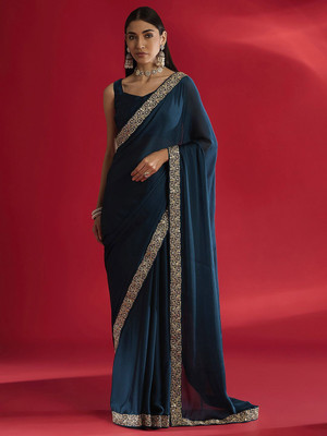 House of Pataudi Solid/Plain Daily Wear Satin Saree(Blue)