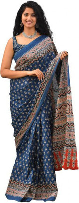 Clothonus Printed, Self Design, Hand Painted, Blocked Printed, Graphic Print Ikkat Pure Cotton Saree(Blue)