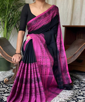 sdn Woven, Solid/Plain, Self Design Tant Handloom Pure Cotton Saree(Black, Pink)