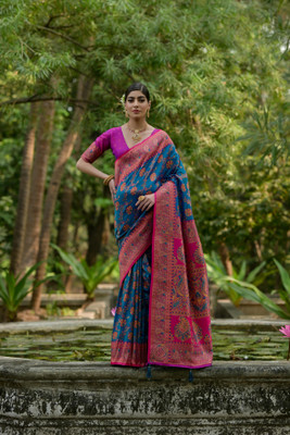 PeachPetals Woven, Floral Print Banarasi Cotton Blend Saree(Blue, Pink)