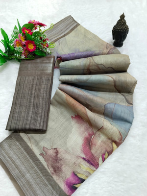 HouseOfCommon Floral Print Bollywood Linen, Cotton Linen Saree(Multicolor)