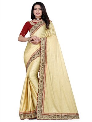 miracletex Temple Border Bollywood Lycra Blend Saree(Cream)