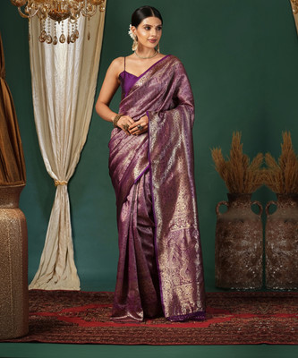 SIRIL Woven, Embellished Kanjivaram Silk Blend, Jacquard Saree(Gold, Purple)