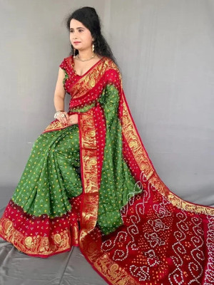 rajranitextiles Printed Bandhani Georgette Saree(Green, Red)