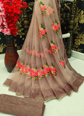 PATLANI STYLE Embroidered Bollywood Net Saree(Brown)