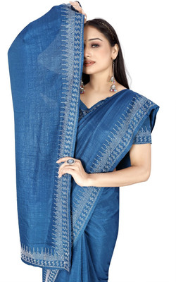 pUNYATHA CREATION Solid/Plain Bollywood Chanderi Saree(Dark Blue)