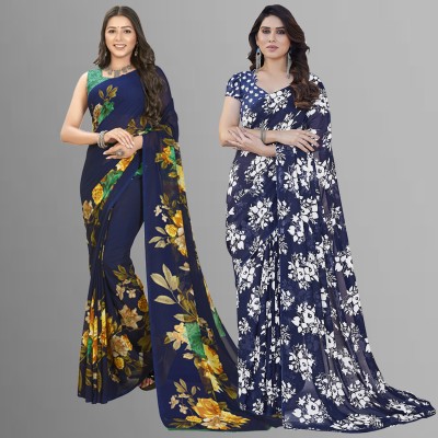 Anand Sarees Floral Print Daily Wear Georgette Saree(Pack of 2, Dark Blue, Blue)