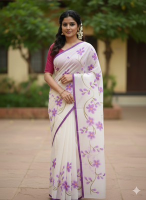 ABC Hand Painted, Printed Handloom Pure Cotton Saree(White, Yellow)