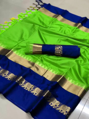 Mortal Textile Printed Handloom Cotton Silk Saree(Silver)