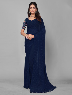 Vrati Creation Solid/Plain Bollywood Georgette Saree(Blue)