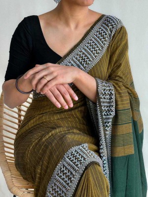 RM CREATION Solid/Plain Handloom Cotton Jute Saree(Beige)