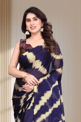 SuperLaxmi Geometric Print, Striped Bollywood Chiffon, Georgette Saree(Blue)