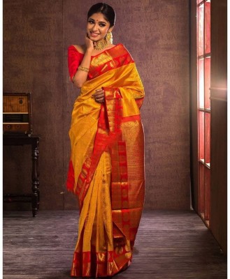 HOGSY Woven Kanjivaram Cotton Silk Saree(Yellow)