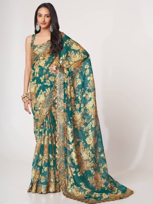 Tasrika Floral Print, Embroidered Bollywood Organza Saree(Light Green)