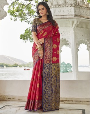 Satrani Woven, Embellished, Self Design Bollywood Silk Blend, Jacquard Saree(Red, Dark Blue)