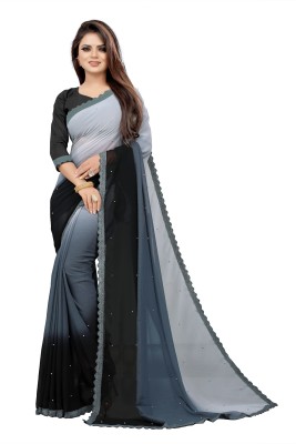 PARASITE Printed Daily Wear Georgette, Pure Silk Saree(Black, Grey)