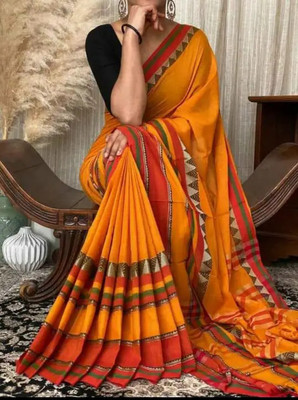 Mayaa Woven, Printed Handloom Cotton Blend Saree(Gold)