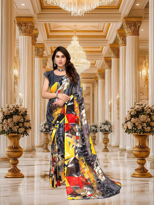 SmittenSmit Printed Bollywood Georgette Saree(Grey, Yellow, Red)