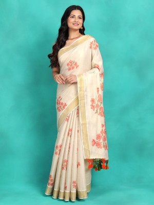 DEVALA WEAVERS SOCIETY Floral Print Kasavu Pure Cotton Saree(Cream)